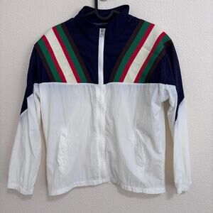Retro Color‑Block Zip‑Up Windbreaker – White/Navy – Size S